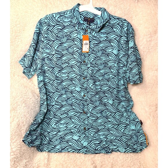 Margaritaville Casual Button Down Collared Men's Shirt Blue Puffer Fish Size XL - Picture 2 of 4